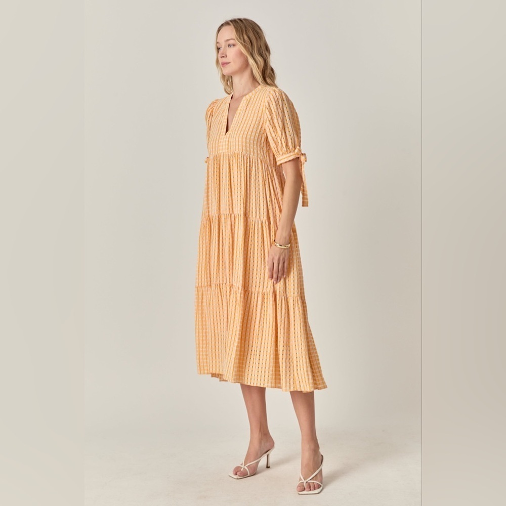 English factory Gingham Tiered Midi Dress Bow Tie Sleeves Orange XS pockets pink - Picture 3 of 14